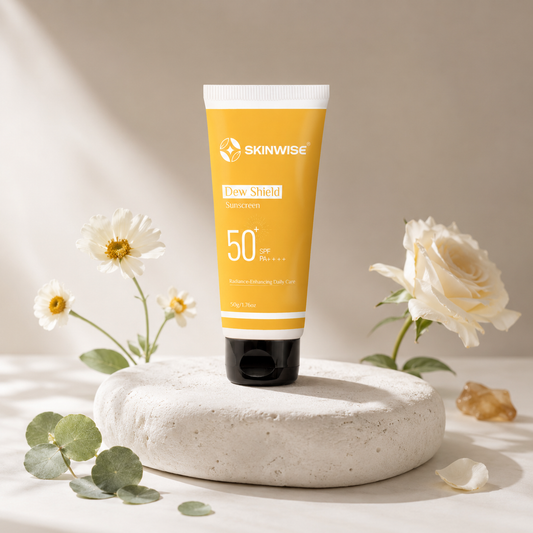 SKINWISE Dew Shield SPF 50+ PA++++ sunscreen tube with white flowers, eucalyptus, and stone base for radiant daily care