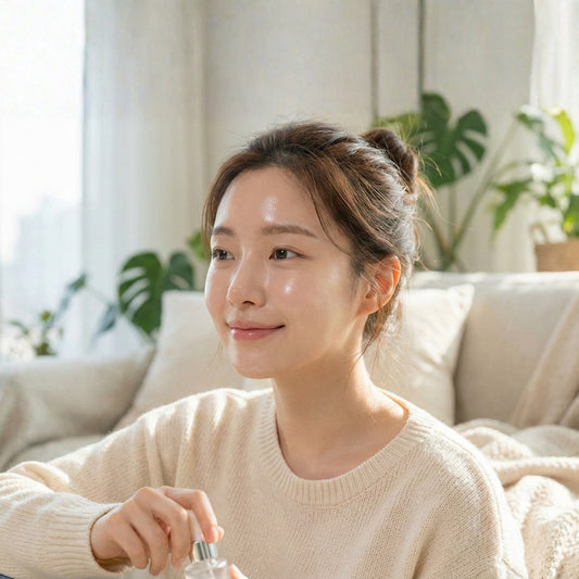 Young woman with glowing skin using Serum