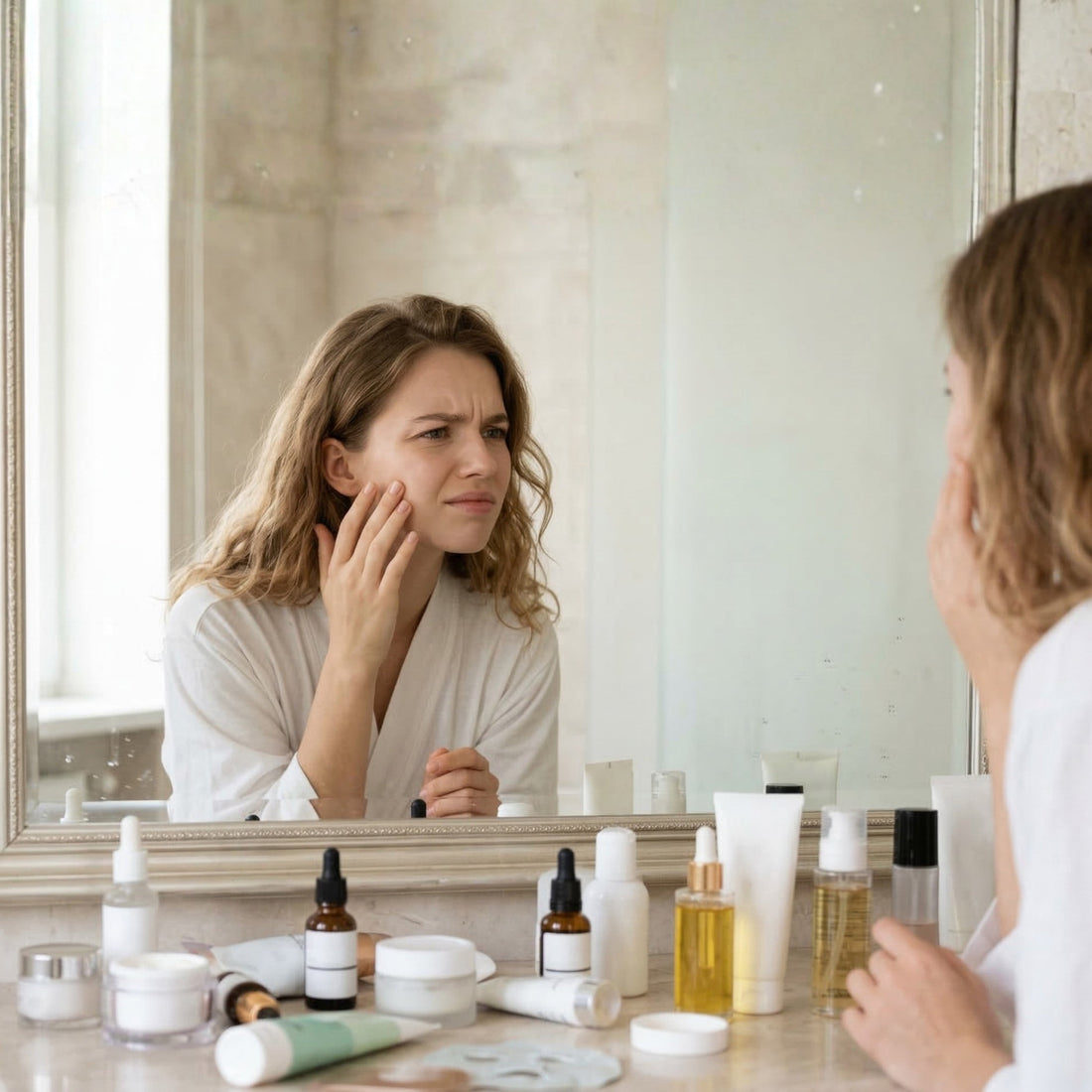 Woman checking skin in mirror with skincare products on table