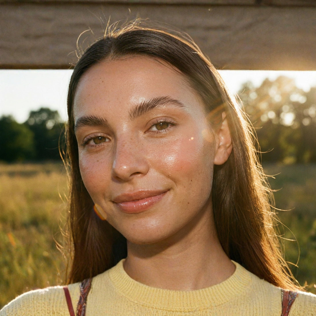 Portrait of young woman with glowing skin in natural sunlight
