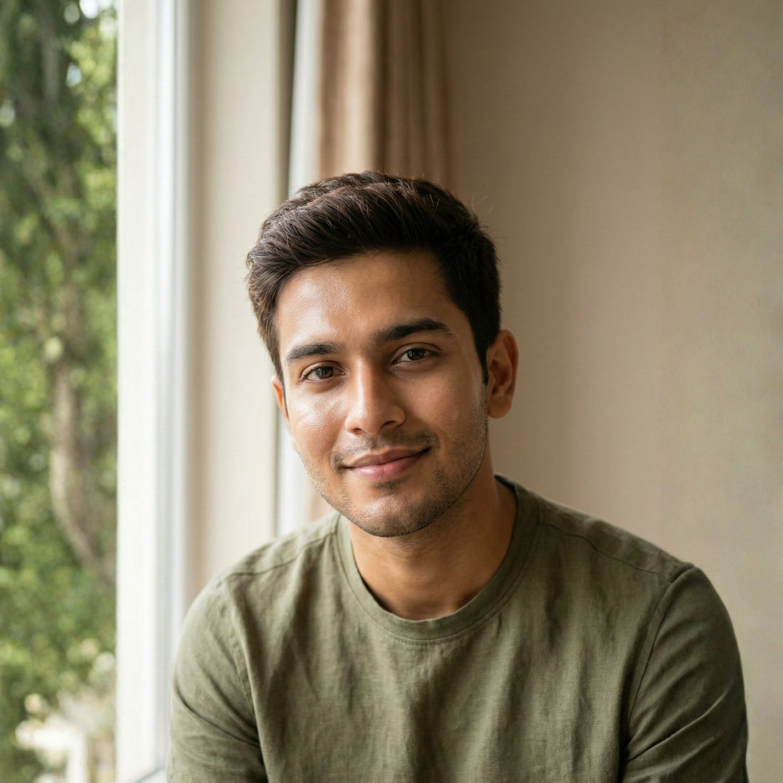 Portrait of smiling young man in green shirt by window indoors