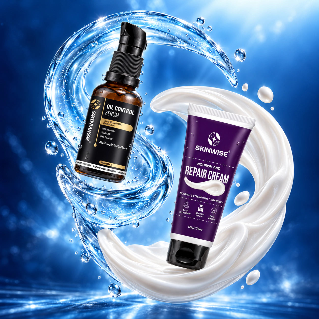Skinwise Oil Control Serum and Repair Cream in a blue serum-and-cream campaign composition